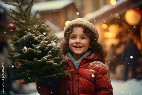 Portrait of a happy girl holding a Christmas tree, Christmas tree fair, snowy weather.