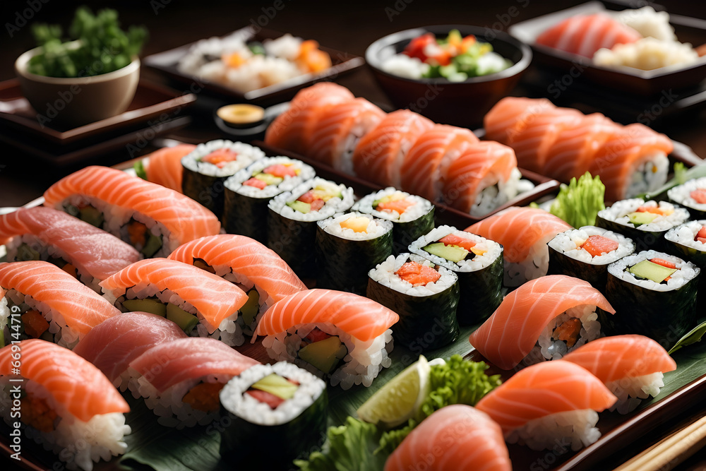 A plate of fresh sushi and gimbap rolls with salmon and seafood. A plate of fresh sushi and gimbap rolls with salmon and seafood.