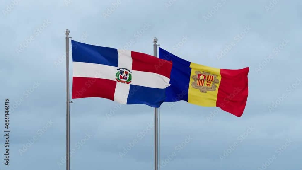 Dominican flag and Andorra flag waving together on cloudy sky, endless seamless loop Dominican flag and Andorra flag waving together on cloudy sky, endless seamless loop