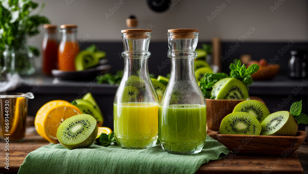 Fresh juice from oranges and kiwi, mint in the kitchen Fresh juice from oranges and kiwi, mint in the kitchen