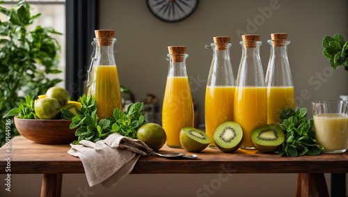Fresh juice from oranges and kiwi  mint in the kitchen