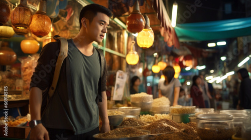 Asian young man or traveler at street market stall old town. Banner.