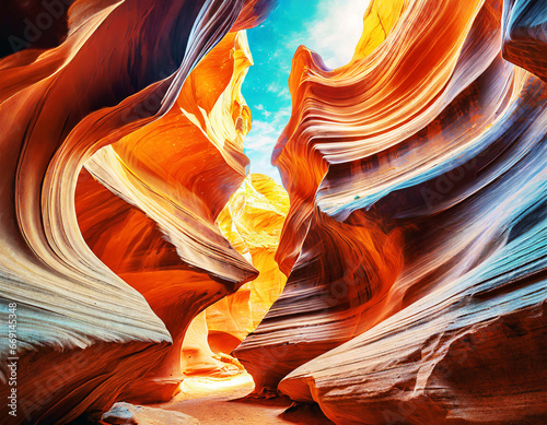 Abstract wide angle view of amazing sandstone formations in famous Antelope Canyon.