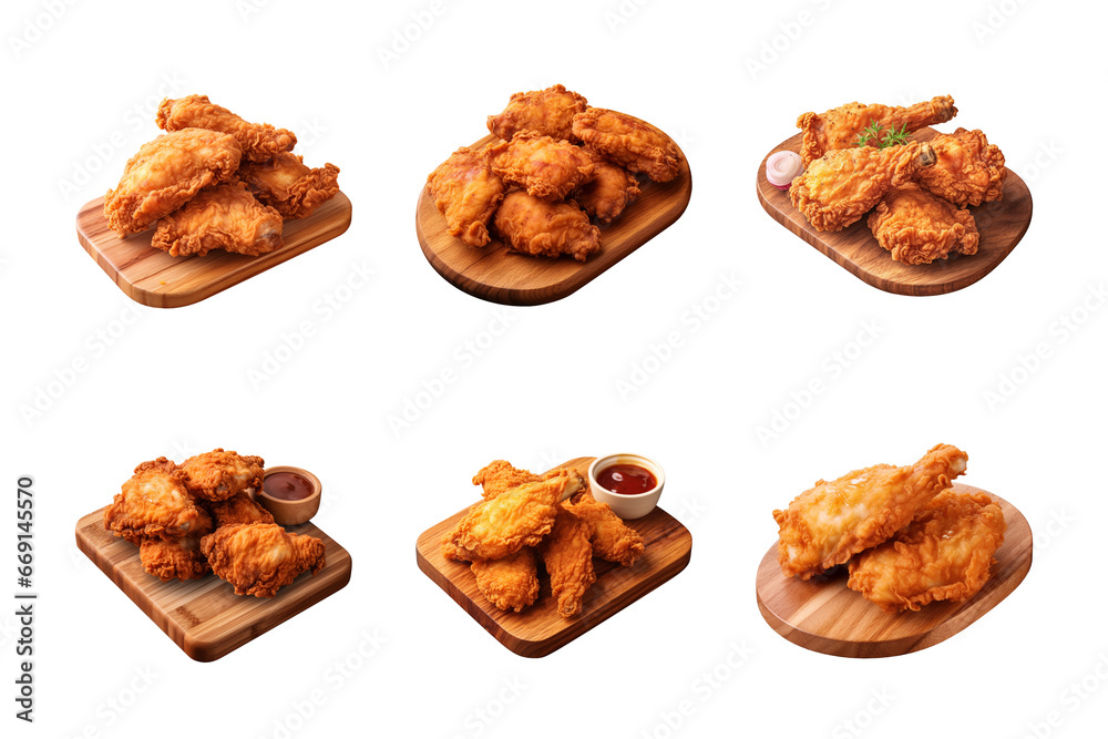 collection of crispy and tasty fried chicken on a wooden cutting board isolated on a transparent background collection of crispy and tasty fried chicken on a wooden cutting board isolated on a transparent background
