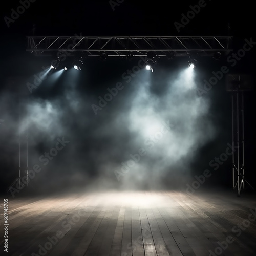 underground stage with somke and spot lights 
withe lights wooden floor dark background 