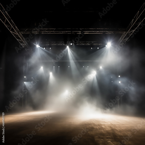 underground stage with somke and spot lights 
withe lights wooden floor dark background empty stage 