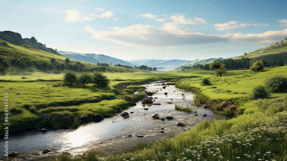 peaceful river, winding through a valley of rolling hills and lush vegetation peaceful river, winding through a valley of rolling hills and lush vegetation