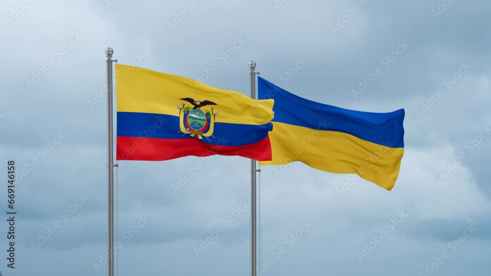 Ukraine and Ecuador flag waving together on cloudy sky, endless seamless loop, two country cooperation concept Ukraine and Ecuador flag waving together on cloudy sky, endless seamless loop, two country cooperation concept