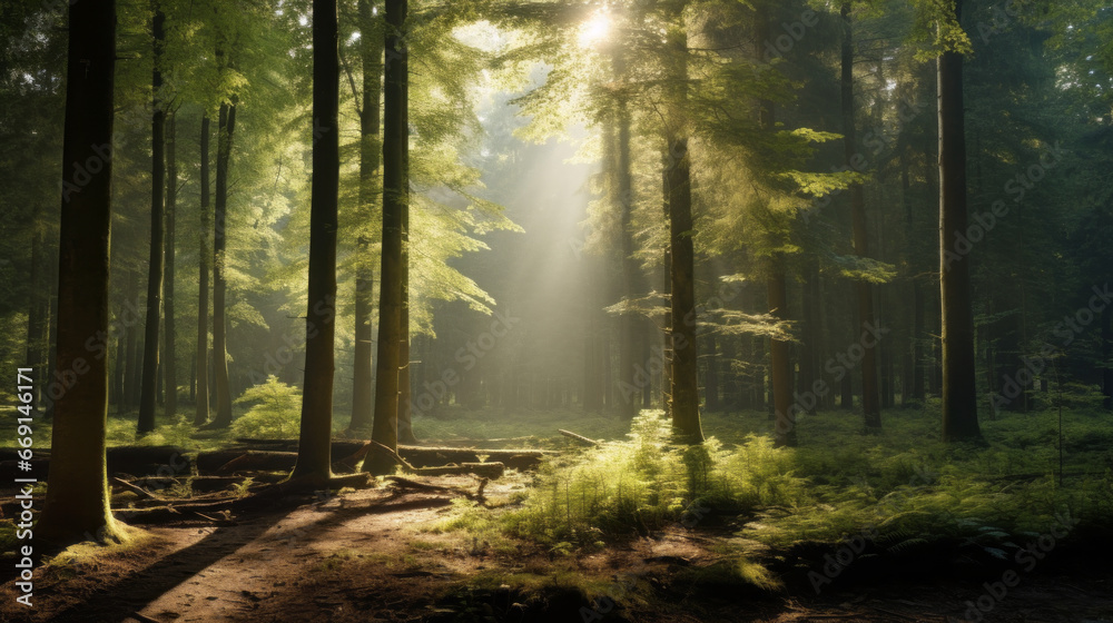 Fototapeta premium A peaceful, misty forest, with a few rays of sunlight shining through the trees