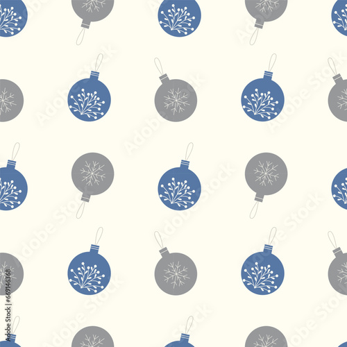 Seamless vector Christmas pattern Gray and blue Christmas tree decorations on a beige background Ornament for wrapping paper background print card