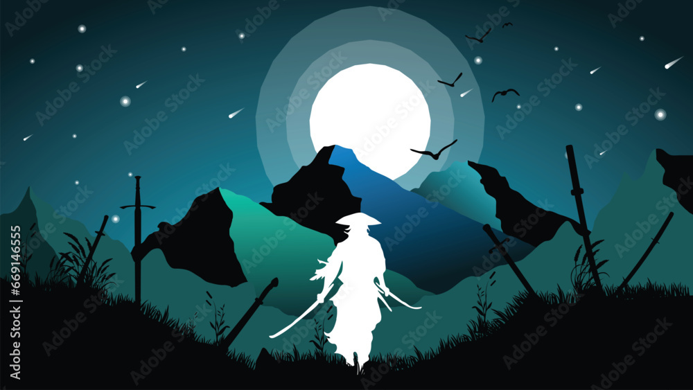 Samurai victory after the war wallpaper 4K desktop. Samurai victory background. sunset vibe and full moon. landscape view illustration vector background Samurai victory after the war wallpaper 4K desktop. Samurai victory background. sunset vibe and full moon. landscape view illustration vector background