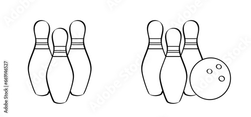 Cartoon bowling pin with stripes and bowling ball. Bowling strike idea. Sport or hobby game. Playing in a team, competition or tournament. Bowling pins and skittles. Play kegling team.