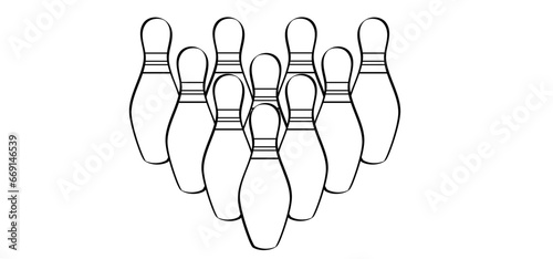 Cartoon bowling pin with stripes and bowling ball. Bowling strike idea. Sport or hobby game. Playing in a team, competition or tournament. Bowling pins and skittles. Play kegling team.