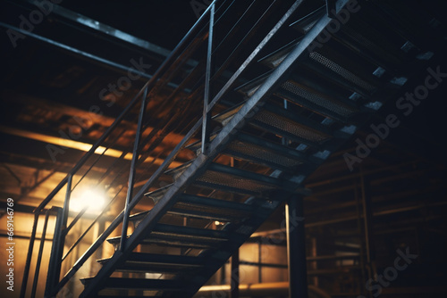 Close up view of a metal staircase in warehouse