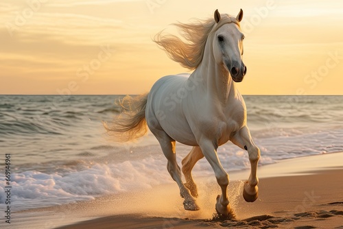  a white horse is galloping along the beach as the sun sets over the water and the waves lap over the beach and the horse is running in the foreground.  generative ai photo