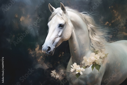  a painting of a white horse with flowers in it's mane, with a black background and a white horse with long mane and white flowers in it's mane.  generative ai