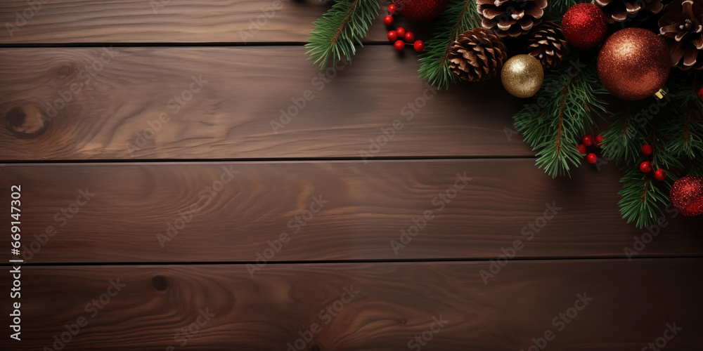 Christmas composition. pine cones, fir branches on wooden background. Flat lay, top view, copy space, generative ai Christmas composition. pine cones, fir branches on wooden background. Flat lay, top view, copy space, generative ai