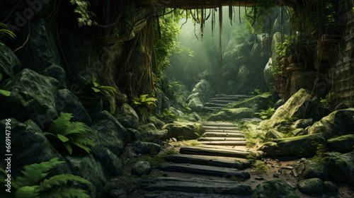 A path leading to a mysterious cave surrounded by lush vegetation