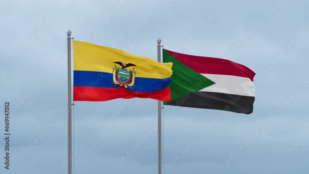 Sudan and Ecuador flag waving together on cloudy sky, endless seamless loop, two country cooperation concept Sudan and Ecuador flag waving together on cloudy sky, endless seamless loop, two country cooperation concept
