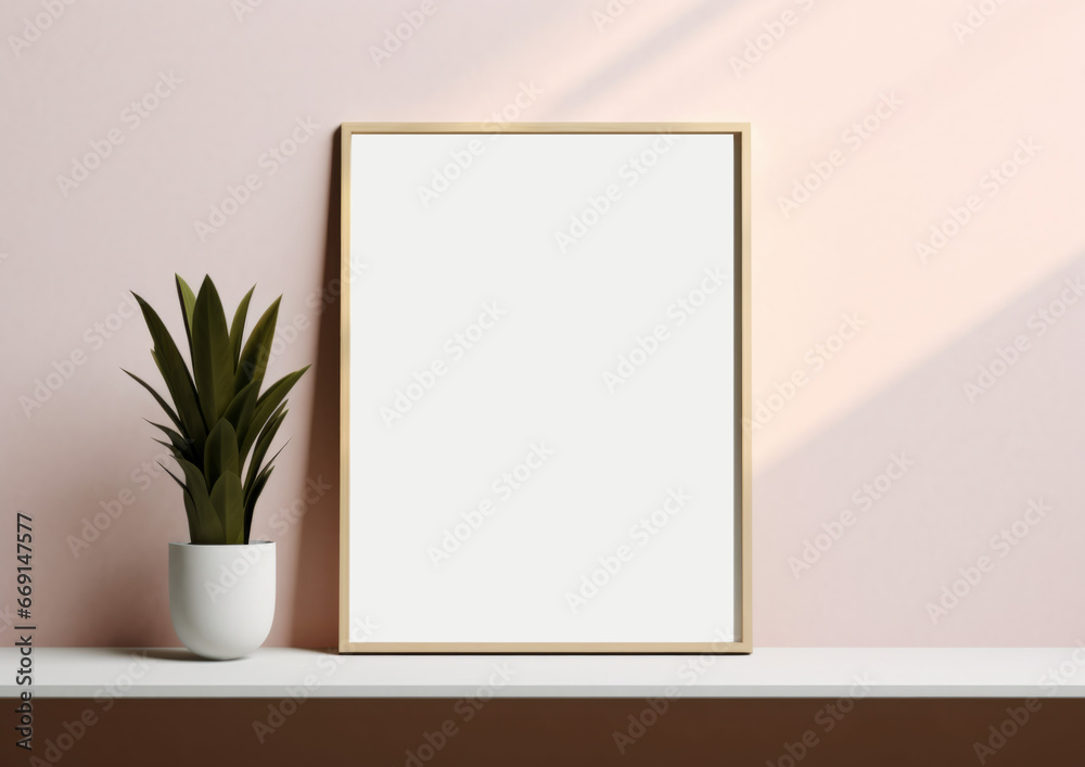 Wall art empty picture frame mockup on wooden desk, wall, table. Vase with olive branches, cactus. Elegant working space, home office concept. Wall art empty picture frame mockup on wooden desk, wall, table. Vase with olive branches, cactus. Elegant working space, home office concept.