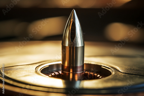 Close up view of a hollow point bullet in a magazine photo