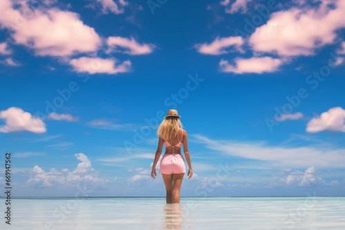 Happy woman in a pink bikini vacationing on a fantasy beach generative ai © Gilang