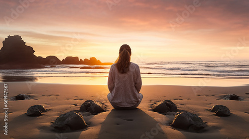 A woman sitting on the seashore in a state of meditation during sunrise. Peace in the soul, peace and connection with nature through the practice of meditation. Copy space.
