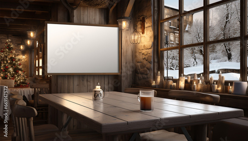 Modern cozy cottage interior with empty poster on wall, chairs, lamps and window with winter landscape view and sunlight. Mock up, 3D Rendering. Winter theme interior copy space
