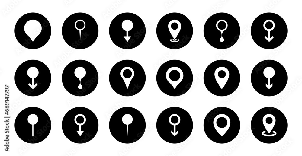 Map pin location icon vector in black circle. Pointer navigation sign symbol set collection Map pin location icon vector in black circle. Pointer navigation sign symbol set collection