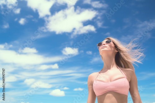 Happy woman in a pink bikini vacationing on a fantasy beach generative ai