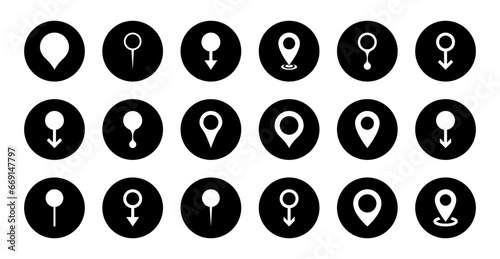 Map pin location icon vector in black circle. Pointer navigation sign symbol set collection