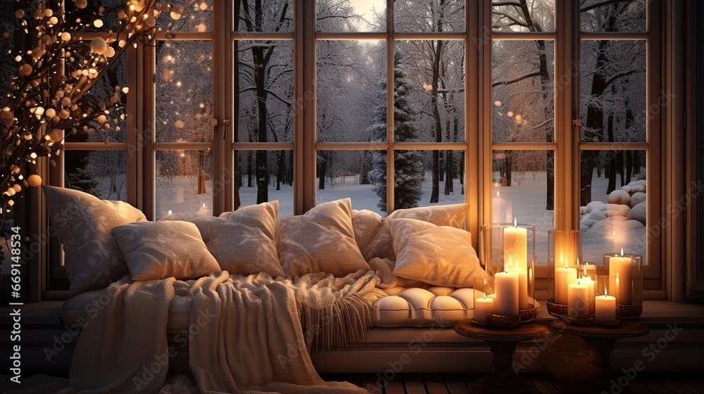 Cozy room. Candles and a blanket by the window on a winter evening. Ai genrative