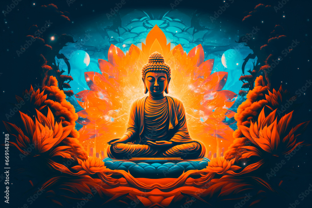 buddha scultpure meditating in lotus position blue and orange cosmos background 