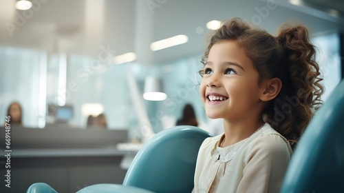 Smiling little girl patient in the dentist's chair. Ai genrative