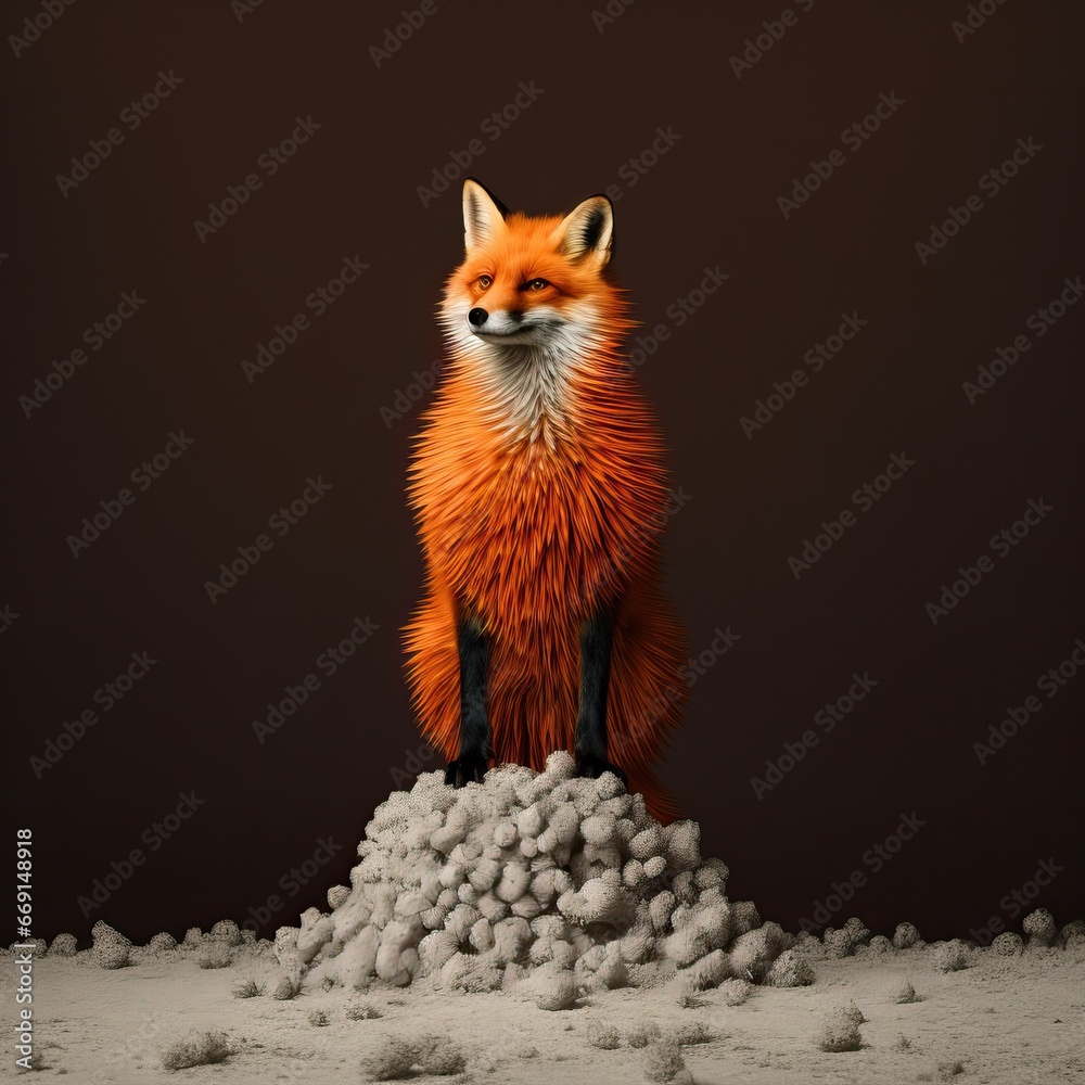 Fototapeta premium Vivid Fox atop Gravel Mound in Conceptual Portrait Style