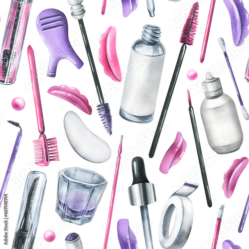Tools and cosmetics for the master of eyelash and eyebrow extension and lamination. Watercolor illustration, hand drawn. Seamless pattern on a white background. For packaging, branding, fabrics