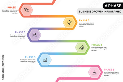 Hexagon shape loop zig zag infographics. 6 Step business process infographic concept.