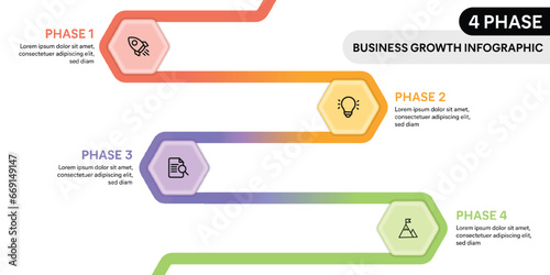Hexagon shape loop zig zag infographics. 4 Step business process infographic concept.