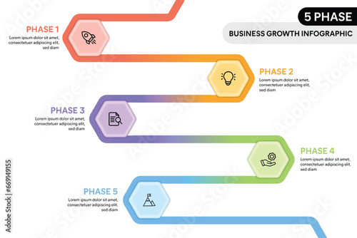 Hexagon shape loop zig zag infographics. 5 Step business process infographic concept.