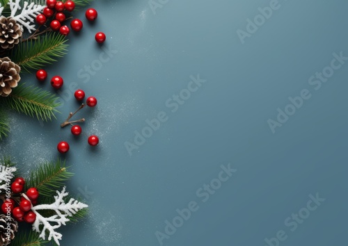 Christmas composition concept, gifts, fir tree branches, red decorations on background. Christmas, winter, new year concept. Flat lay, top view, copy space for text