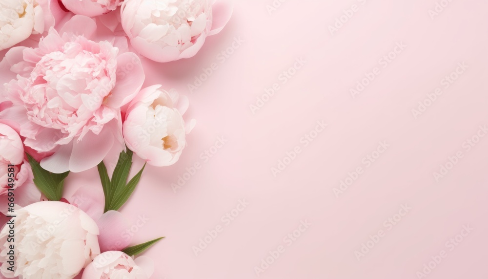 Top view Mother's Day decorations concept, photo of trendy gift boxes with ribbon bows and tulips on isolated pastel pink background with copy space for text