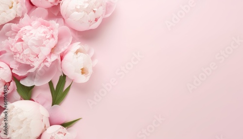 Top view Mother's Day decorations concept, photo of trendy gift boxes with ribbon bows and tulips on isolated pastel pink background with copy space for text © Bold24