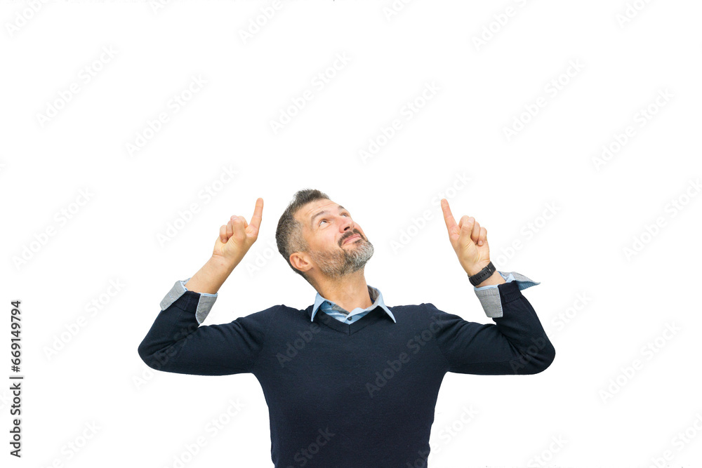 Handsome bearded man casual outfit locking up pointing fingers up. Copy-space standing white background. Handsome bearded man casual outfit locking up pointing fingers up. Copy-space standing white background.