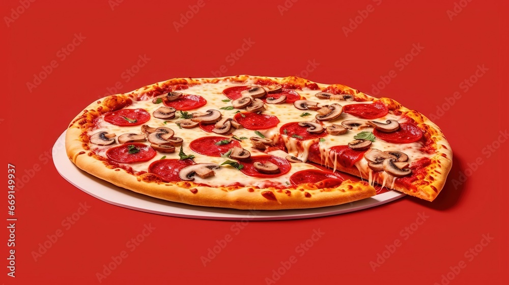 Delicious pizza on a bright red background, created with Generative AI technology. Delicious pizza on a bright red background, created with Generative AI technology.