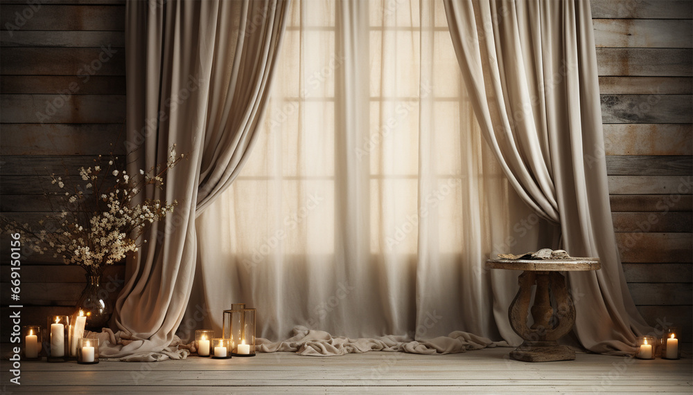 Fototapeta premium Scandinavian living room illustration. warmth at comfortable home. Winter outside in windows. Nordic style 3D interior with furnishing on background winter landscape trough window. Cozy cottage