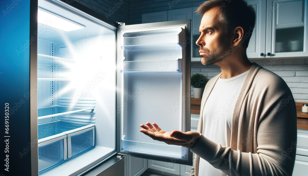 Man surprised by empty refrigerator Man surprised by empty refrigerator