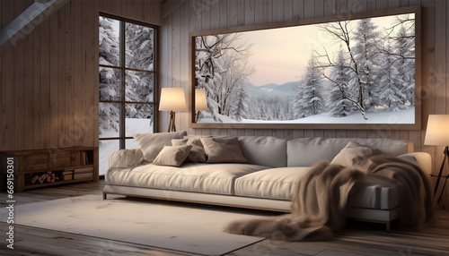Scandinavian living room illustration. warmth at comfortable home. Winter outside in windows. Nordic style 3D interior with furnishing on background winter landscape trough window. Cozy cottage © annebel146