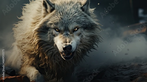  a white wolf running through the snow with its mouth open, its fur glistening in the light Its eyes are wide and alert, and its ears are perked up, as if it is rea photo