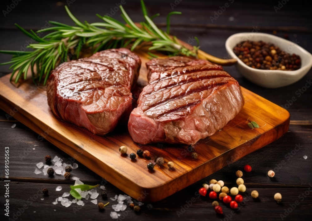 Tasty juicy medium Beef Rib Eye steak slices in pan on wooden board with fork and knife herbs spices and salt. Tasty juicy medium Beef Rib Eye steak slices in pan on wooden board with fork and knife herbs spices and salt.
