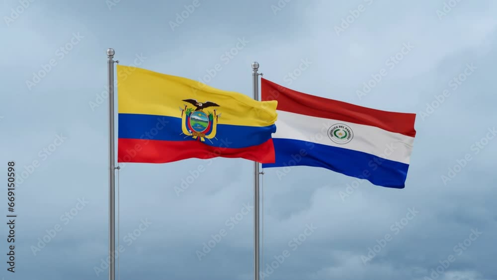 Paraguay flag and Ecuador flag waving together on cloudy sky, endless seamless loop, two country relations concept Paraguay flag and Ecuador flag waving together on cloudy sky, endless seamless loop, two country relations concept